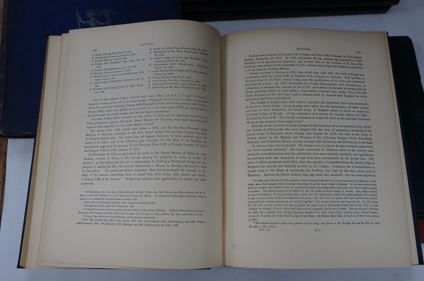 Gould, R.F. - The History of Freemasonry, Caxton, (6 vols); Hammond, W. - Masonic Emblems & Jewels, 1927 (ex-libris); Crowe, F.J. - Masonic Clothing and Regalia, British and Continental, Edinburgh 1897; Sanderson, W. St